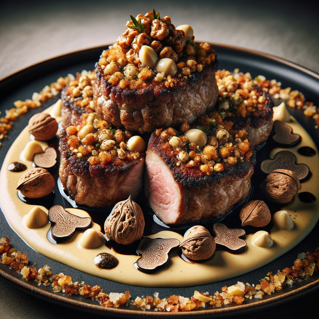 A sumptuous dish, Veal with Nuts, Rossini Style, showcases tender veal cutlets elegantly paired with a selection of nuts, embodying the luxurious essence of Rossini's gastronomy. The veal is cooked to perfection, then topped with a rich, nutty crust made from finely chopped nuts, adding a delightful texture and depth of flavor. This creation is further enhanced with a drizzle of truffle-infused sauce, bringing together the mild, delicate taste of veal with the earthy, aromatic complexity of truffles. The dish is beautifully presented, with the veal and nut crust taking center stage, making it a true testament to the elegant and opulent culinary style associated with Rossini.
